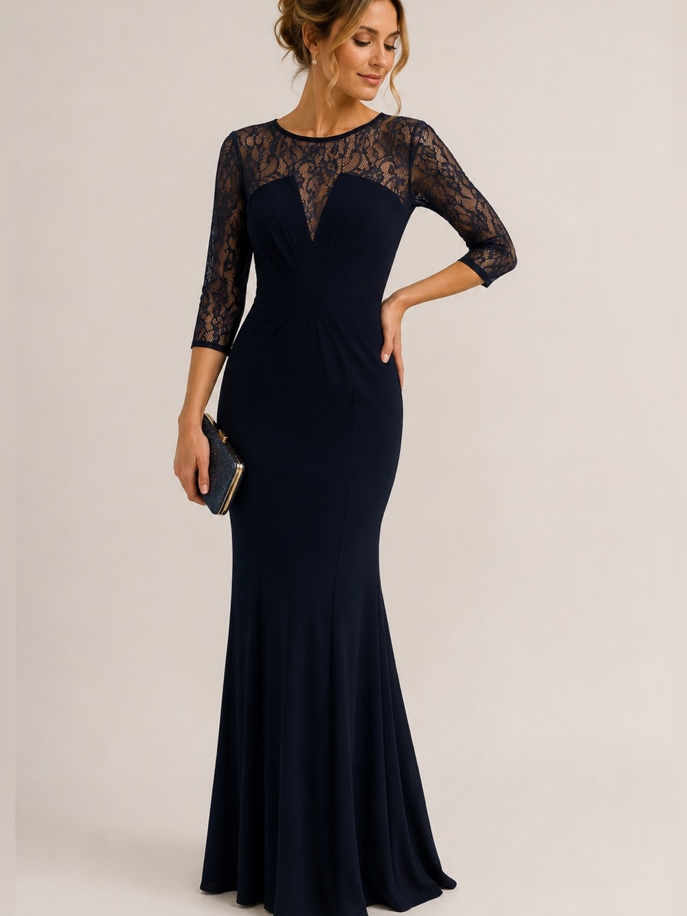 Betsy & Adam Navy Blue Lace Illusion Gown Formal Dress Mother of Bride Groom 4